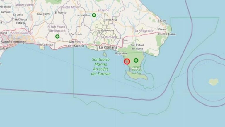 El punto rojo muestra el hepicentro donde ocurrió el temblor la tarde de este domingo. (FUENTE EXTERNA)